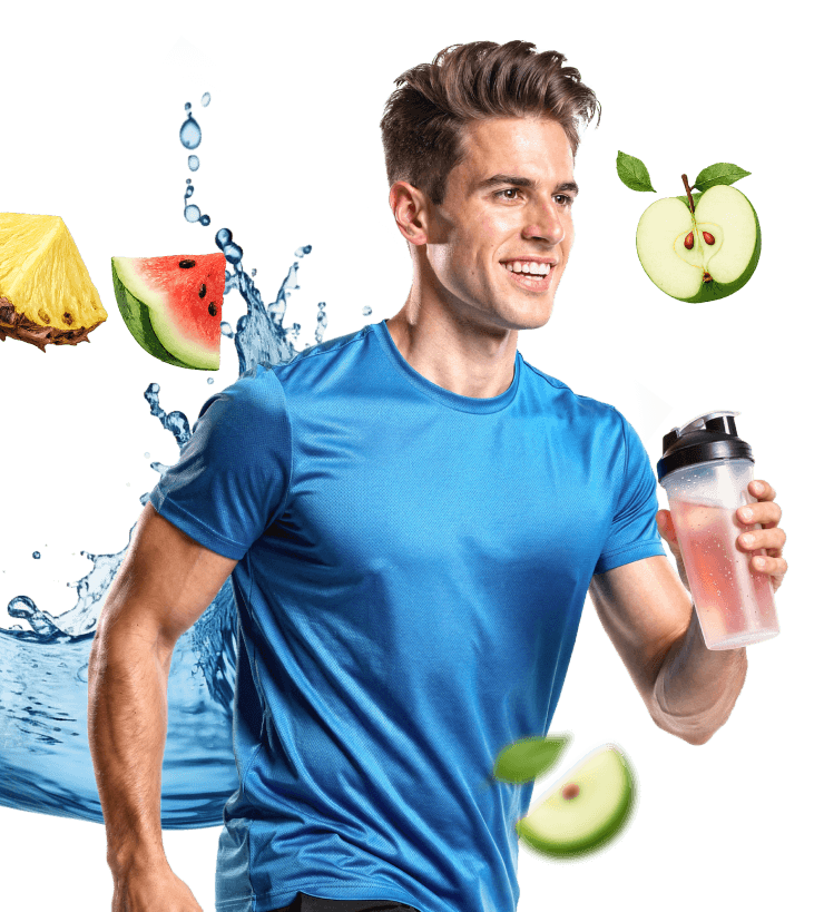 Vīrietis sporta apģērbā skrien, turot rokās kratītāju.